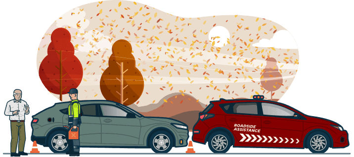 A roadside assistance technician fills the gas tank for a motorist in the countryside.