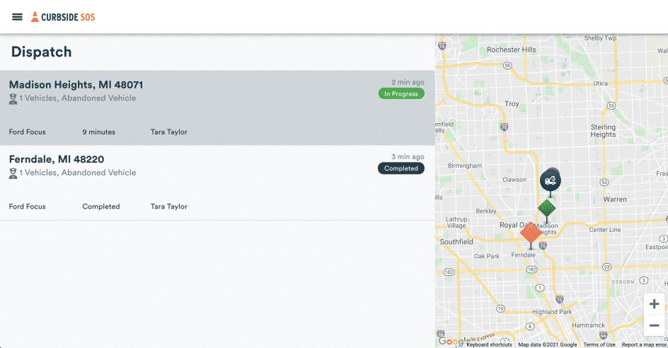 Curbside SOS Dispatch jobs screen