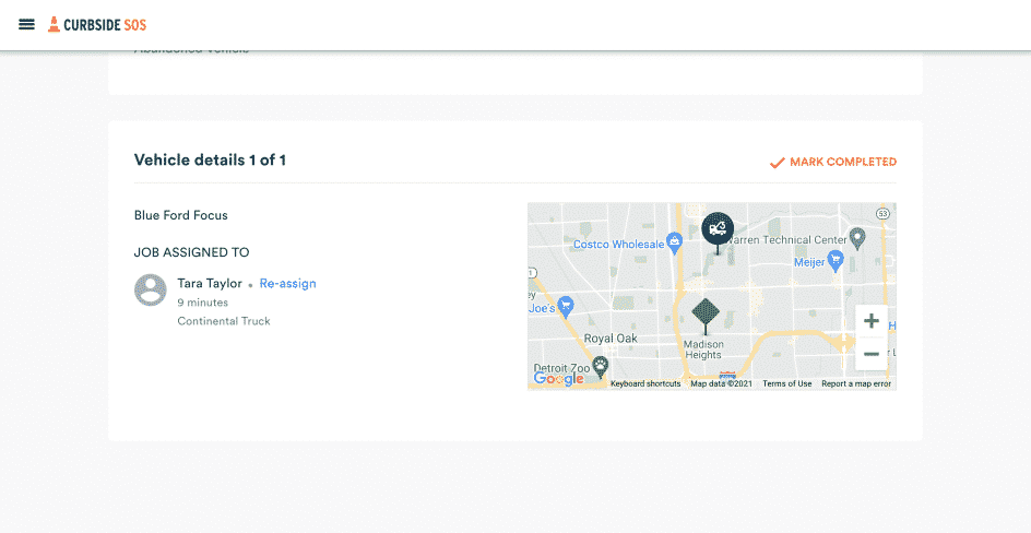 Curbside SOS Dispatch job details screen